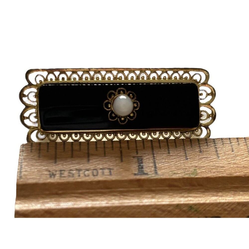 Antique 800 Sterling Silver Vermeil Filigree Onyx Mourning Bar Brooch Pin - Picture 8 of 10